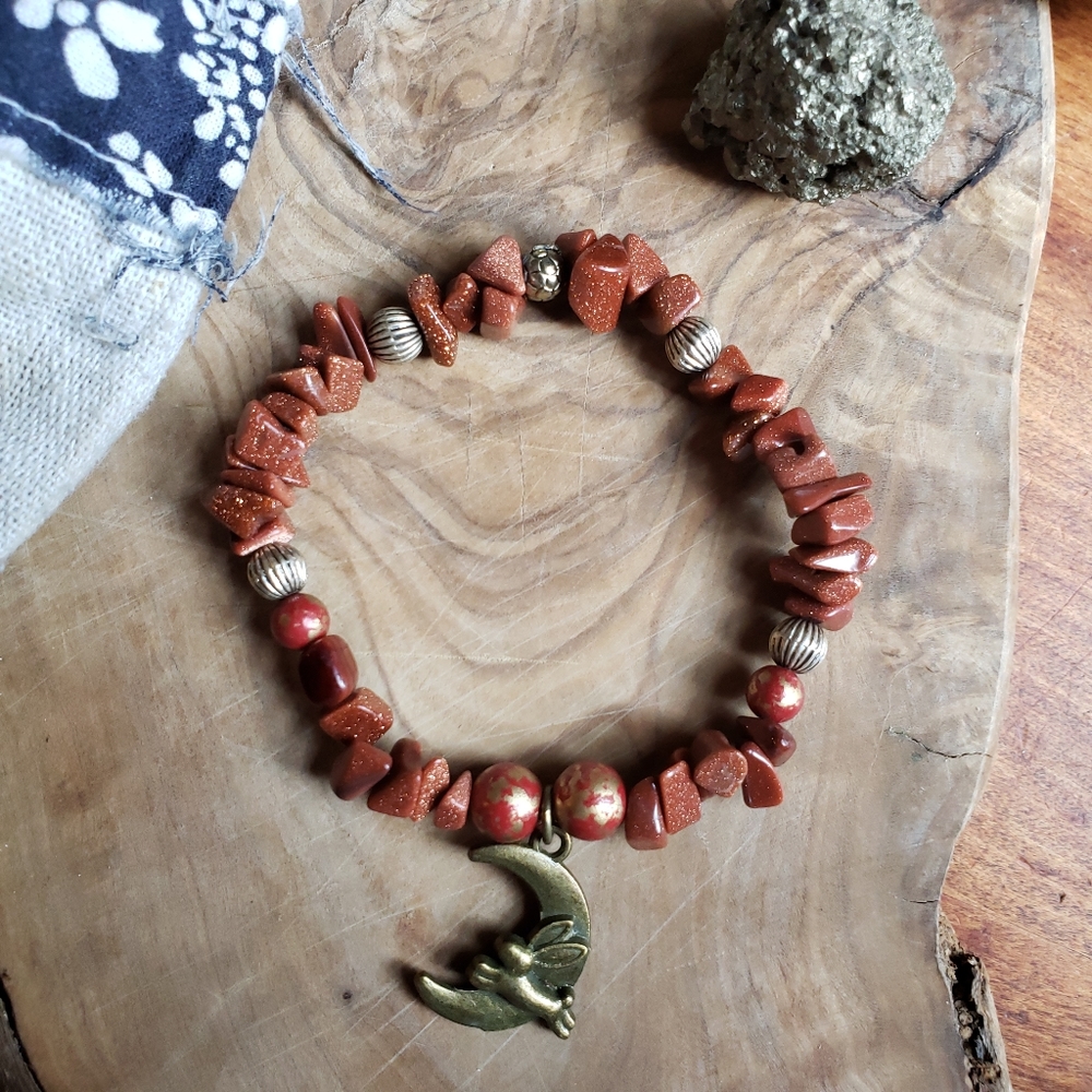 Handmade Gold Natural Stone Rabbit Charm Bracelet